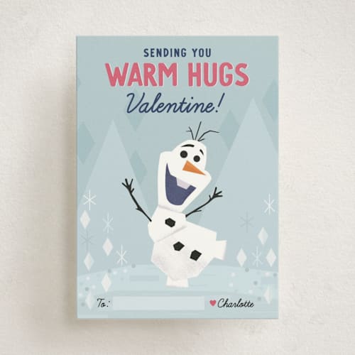 This is a frost kids valentines day cards with standard by Oma N. Ramkhelawan called disney's olaf warm hugs printing on signature in standard