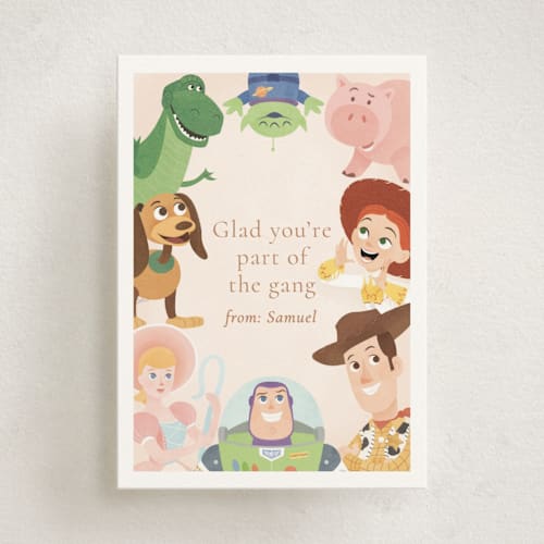 This is a taupe kids valentines day cards with standard by Sabrin Deirani called disney and pixar's toy story friendship printing on signature in standard