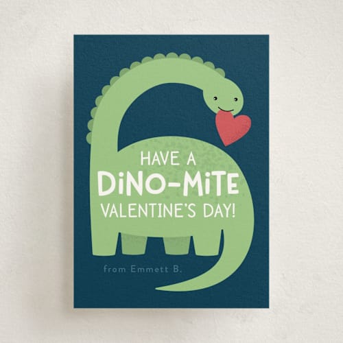 This is a leaf kids valentines day cards with standard by Kacey Kendrick Wagner called arched dinosaur printing on signature in standard