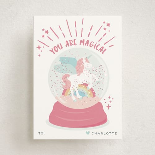 This is a candy kids valentines day cards with standard by peetie design called magic glitter unicorn printing on signature in standard