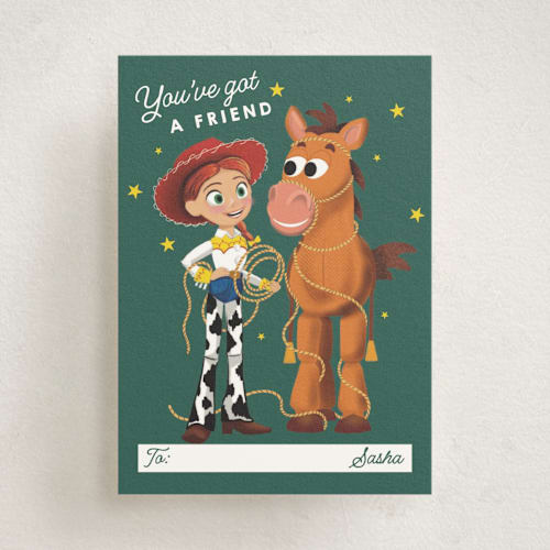 This is a forest kids valentines day cards with standard by Becky Nimoy called jessie and bullseye best friends toy story 2 printing on signature in standard