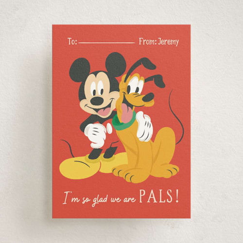 This is a tangerine kids valentines day cards with standard by Kiersten Garner called disney's mickey and pluto pals printing on signature in standard
