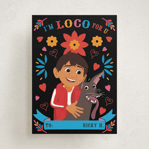 This is a midnight kids valentines day cards with standard by Becky Nimoy called miguel and dante from disney and pixar's coco printing on signature in standard