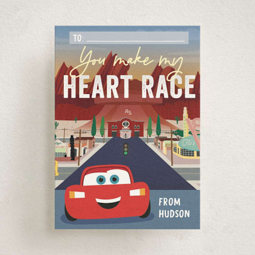 This is a asphalt kids valentines day cards with standard by Erica Krystek called disney and pixar's cars heart race printing on signature in standard