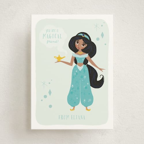 This is a aqua kids valentines day cards with standard by Angela Thompson called jasmine wishes from disney's aladdin printing on signature in standard
