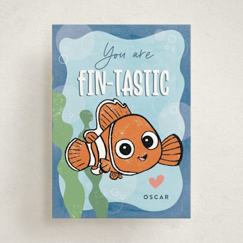 This is a ocean kids valentines day cards with standard by Pixel and Hank called disney and pixar's finding nemo fin-tastic printing on signature in standard