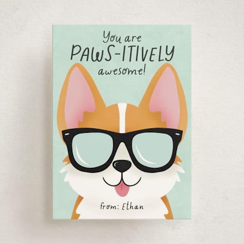 This is a seafoam kids valentines day cards with standard by Randi Cirelli called pawsitively awesome printing on signature in standard
