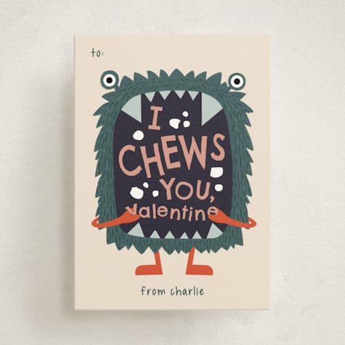This is a hunter kids valentines day cards with standard by JeAnna Casper called chews printing on signature in standard