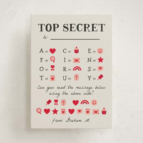 This is a licorice kids valentines day cards with standard by Orasie called top secret printing on signature in standard