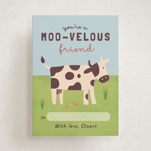 This is a brown cow kids valentines day cards with standard by Sherley Ferreira called moo-velous friend printing on signature in standard