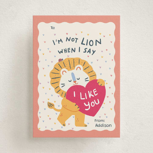 This is a flamingo kids valentines day cards with standard by Simplelooklet called not lion, i like you printing on signature in standard