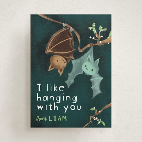 This is a forest kids valentines day cards with standard by Caroline Harberd called hanging bats printing on signature in standard