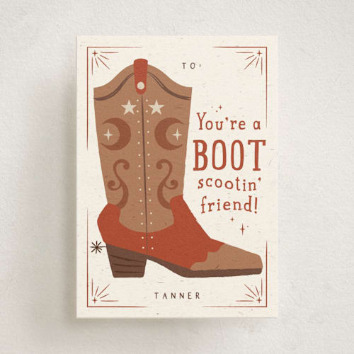 This is a rust kids valentines day cards with standard by Kiersten Garner called boot scootin' printing on signature in standard