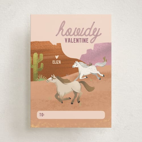 This is a cream kids valentines day cards with standard by Kate Blalock called howdy horses printing on signature in standard