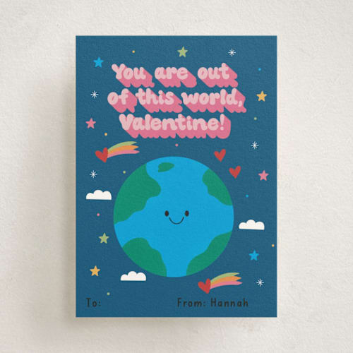 This is a navy kids valentines day cards with standard by Hilda Aguilar called you are out of this world, valentine! printing on signature in standard