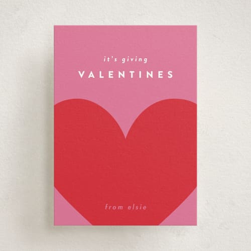 This is a hot pink kids valentines day cards with standard by Erin L. Wilson called vibes printing on signature in standard