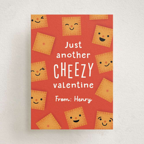 This is a peach kids valentines day cards with standard by Annie Holmquist called cheezy printing on signature in standard