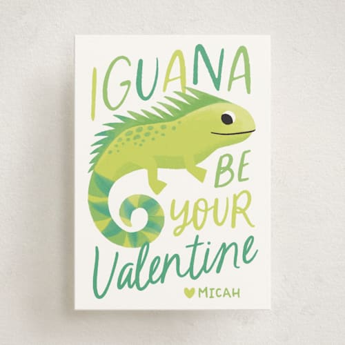 This is a grass kids valentines day cards with standard by Jessie Steury called iguana love printing on signature in standard