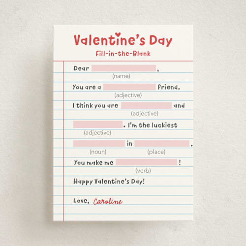 This is a cherry kids valentines day cards with standard by Shirley Lin Schneider called valentine mad libs printing on signature in standard