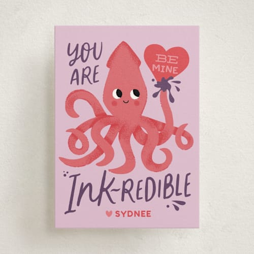 This is a lilac kids valentines day cards with standard by Jessie Steury called sweet squid printing on signature in standard
