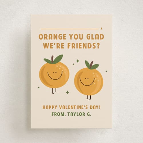 This is a coconut kids valentines day cards with standard by Olivia Goree called orange you glad? printing on signature in standard