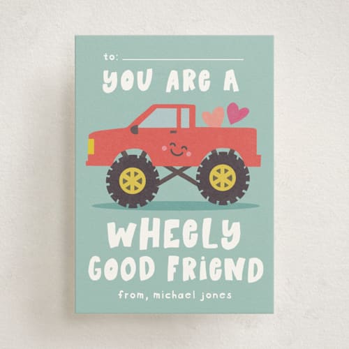 This is a seafoam kids valentines day cards with standard by Creo Study called wheely good friend printing on signature in standard