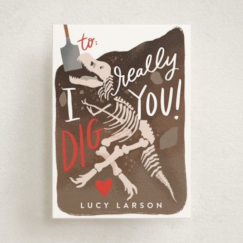 This is a crimson kids valentines day cards with standard by Alethea and Ruth called i dig you excavation printing on signature in standard