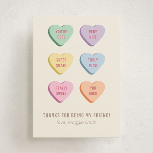 This is a cream kids valentines day cards with standard by taylorVdesign called conversation heart compliments printing on signature in standard