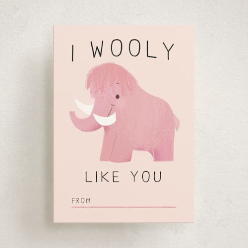 This is a cotton candy kids valentines day cards with standard by Lori Wemple called wooly mammoth printing on signature in standard