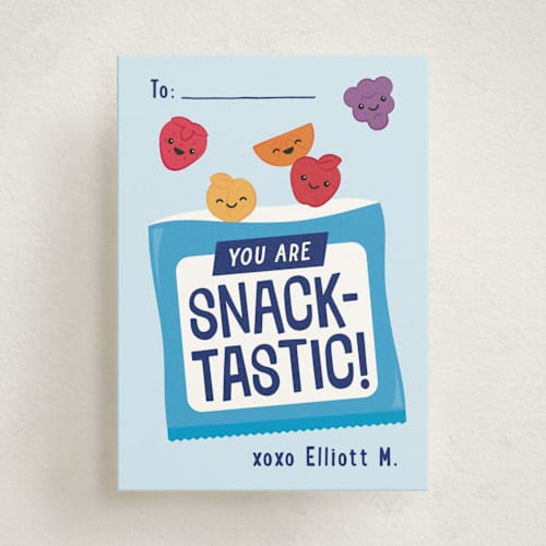 This is a blueberry kids valentines day cards with standard by Kacey Kendrick Wagner called fruit snacks printing on signature in standard