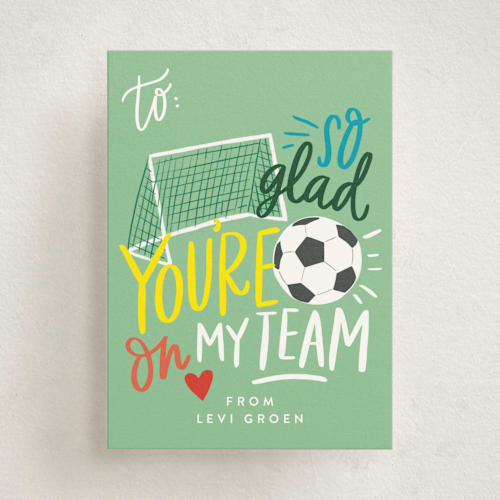 This is a mint kids valentines day cards with standard by Alethea and Ruth called soccer team printing on signature in standard