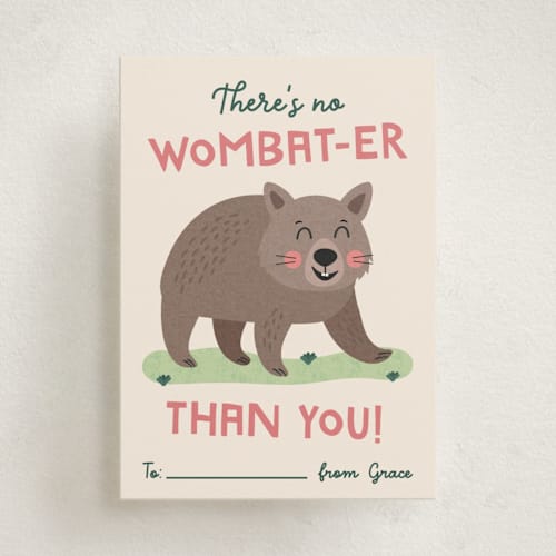 This is a cream kids valentines day cards with standard by Erica Krystek called no wombat-er printing on signature in standard