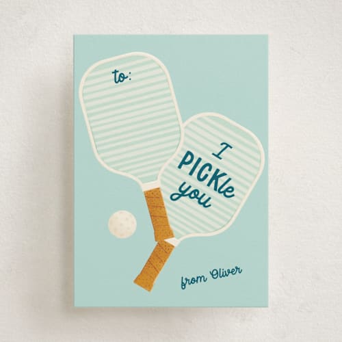 This is a sky kids valentines day cards with standard by Gwen Bedat called pickle printing on signature in standard
