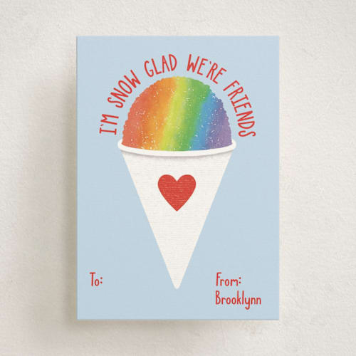 This is a sky kids valentines day cards with standard by Brynne Foster called snow glad printing on signature in standard