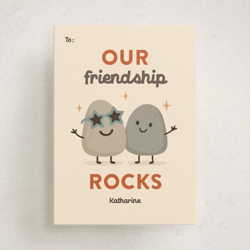 This is a vanilla kids valentines day cards with standard by Jessica Beck called our friendship rocks printing on signature in standard