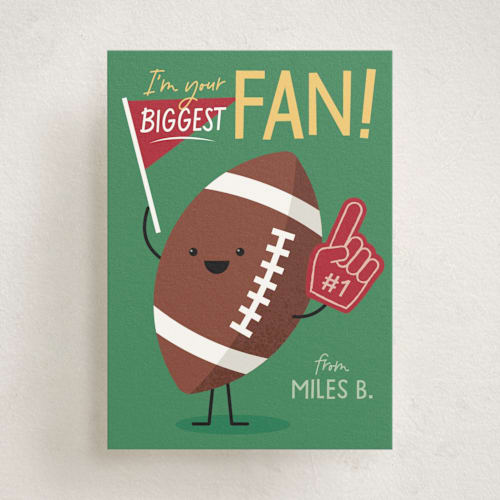 This is a crimson kids valentines day cards with standard by Kacey Kendrick Wagner called football fan printing on signature in standard