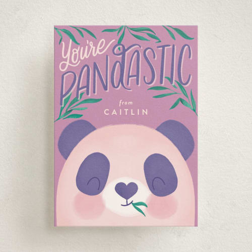 This is a lilac kids valentines day cards with standard by Joanna Griffin called pandastic printing on signature in standard