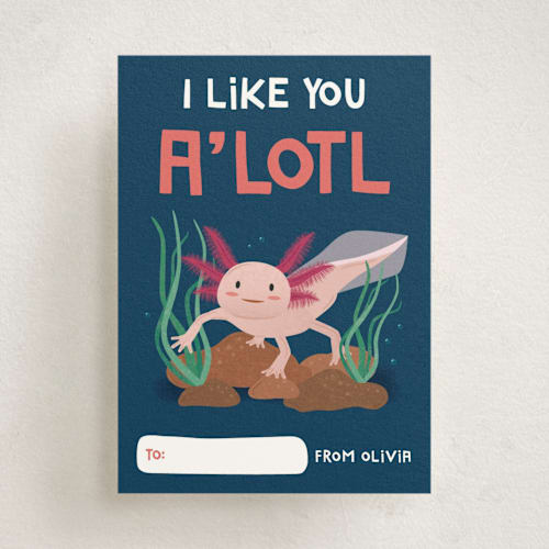 This is a fresh water kids valentines day cards with standard by Erica Krystek called a'lotl printing on signature in standard