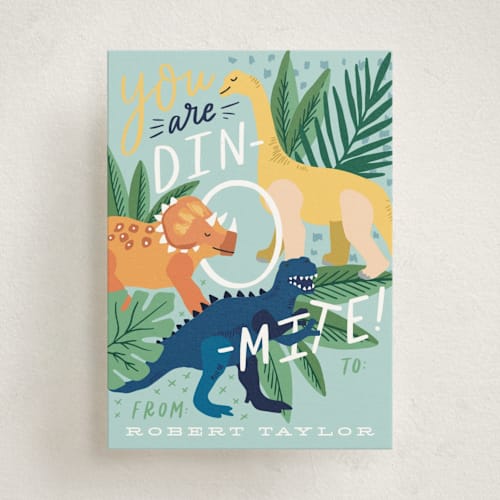 This is a pool kids valentines day cards with standard by Alethea and Ruth called you are dino-mite! printing on signature in standard