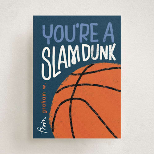This is a navy kids valentines day cards with standard by Erin L. Wilson called basketball printing on signature in standard