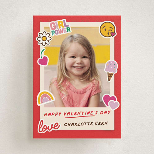 This is a cherry kids valentines day cards with standard by Jennifer Lew called stickers printing on signature in standard