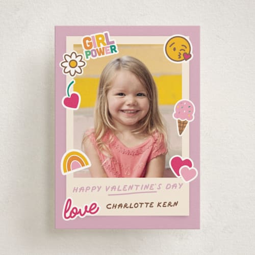This is a lilac kids valentines day cards with standard by Jennifer Lew called stickers printing on signature in standard