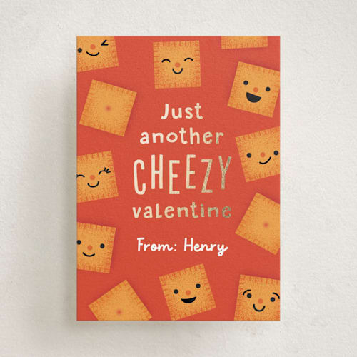 This is a peach kids valentines day cards with foil pressed by Annie Holmquist called cheezy printing on signature in standard