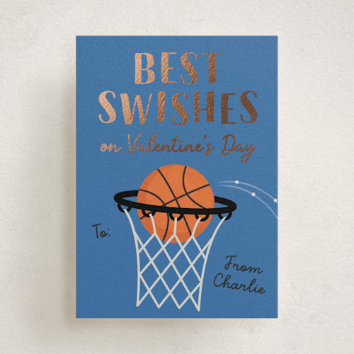 This is a blueberry kids valentines day cards with foil pressed by Erica Krystek called best swishes printing on signature in standard