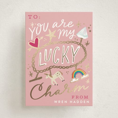This is a carnation kids valentines day cards with foil pressed by Alethea and Ruth called lucky charm printing on signature in standard