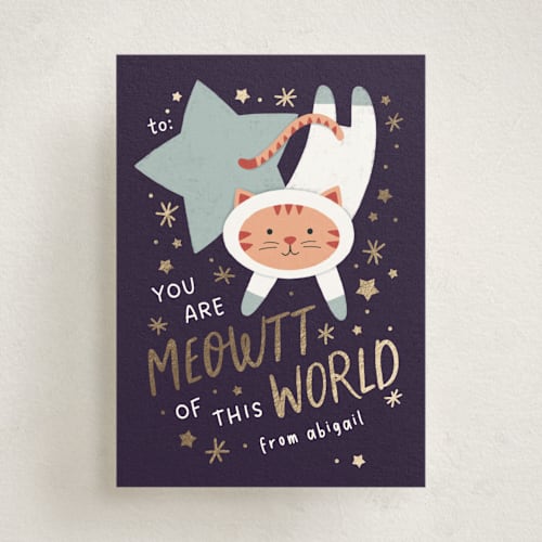 This is a pool kids valentines day cards with foil pressed by JeAnna Casper called meowtt of this world printing on signature in standard