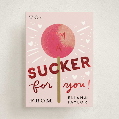 This is a rose kids valentines day cards with foil pressed by Alethea and Ruth called sucker for you printing on signature in standard