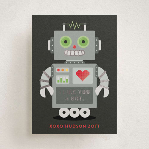 This is a electric lime kids valentines day cards with foil pressed by Kacey Kendrick Wagner called lovebot 3000 printing on signature in standard