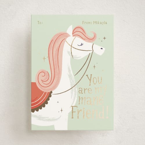 This is a mint kids valentines day cards with foil pressed by Kiersten Garner called mane friend printing on signature in standard