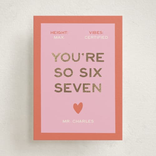 This is a peach kids valentines day cards with foil pressed by Ani Somi called sixseven printing on signature in standard